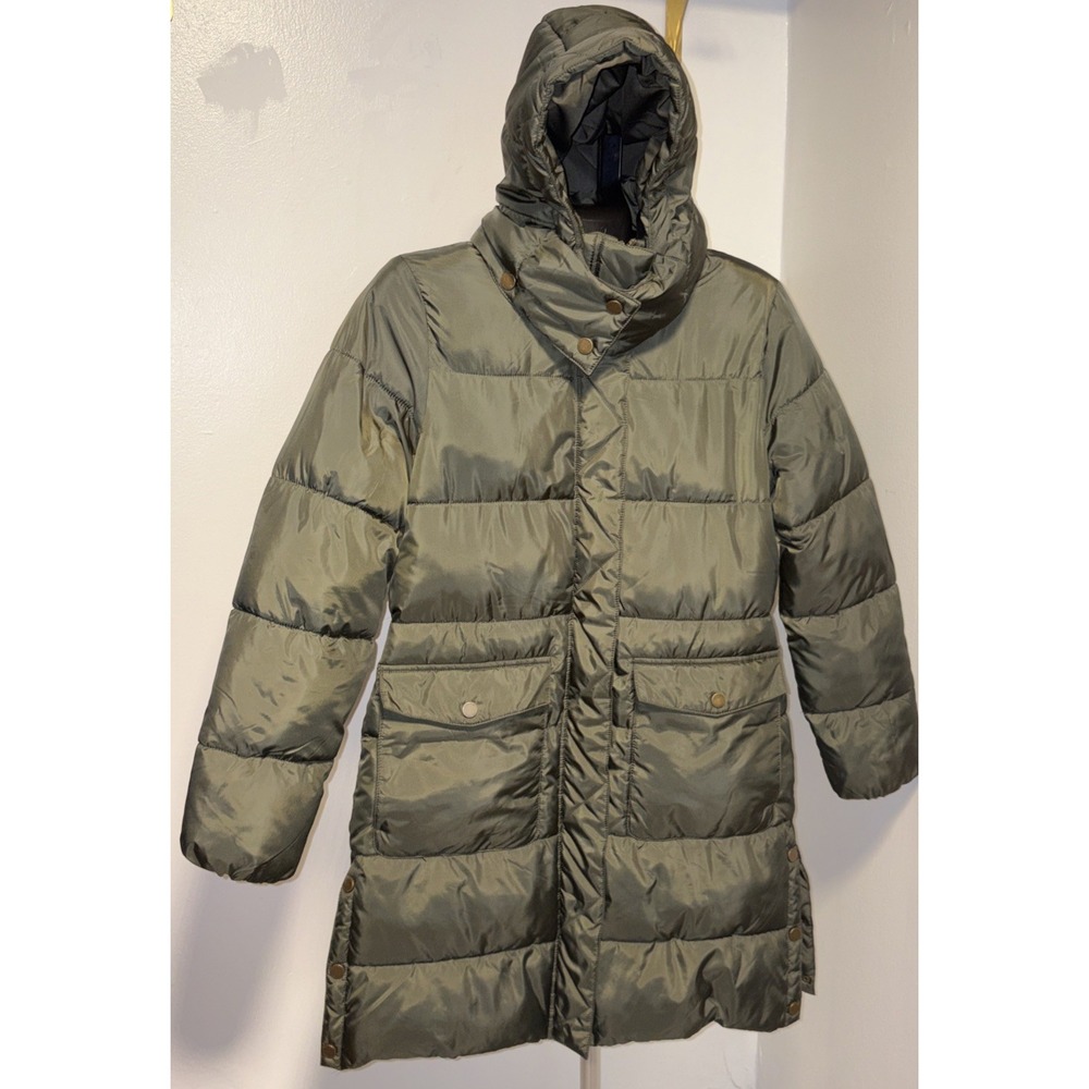 BCBG Short Eco Fill Boxy Hoodie Olive Green Puffer Jacket ~ size M